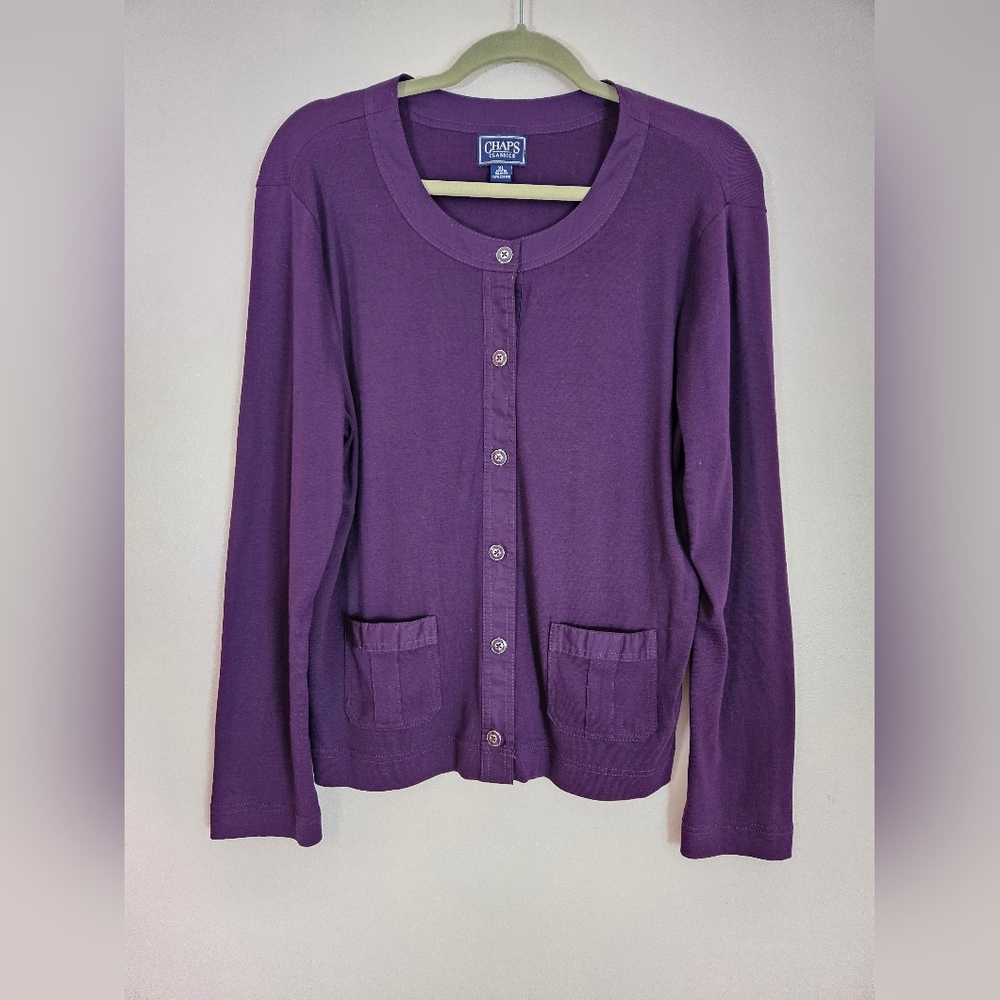 Chaps Womens XL Button Cardigan Cotton Purple Pockets Office Layering Preppy